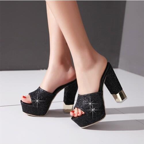 Big Size 32-43 Brand New Bling Mules Shoes Women Summer Platform Mules High Heels Sexy Slip-On Shoes Woman