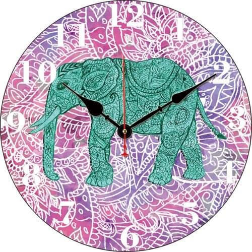 Elephant Theme Silent Non Ticking Round Wall Clock Home Arabic Numerals Watercolor Elephant Design Decorative Creative Clock