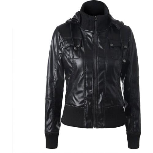 European and American beauty rib stitching hooded drawstring high neck zipper PU leather motorcycle jacket women