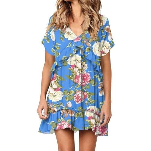 Women Ruffles Sleeve Floral Print Mini Dress 2021 Summer Casual Deep V Neck Pink Pleated Office Ladies Dresses For Women