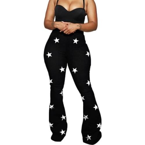 Black Jeans Women Spring Autumn Vintage Fashion Pentastar Print High Waist Skinny Denim Pants Woman Sweet Slim Bell Bottom Jeans