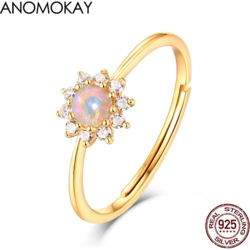 Anomokay Classic Sun Flower White Zircon Gold Color Rings for Women Mom Girl Gift Genuine 925 Silver Resizable Ring for Party