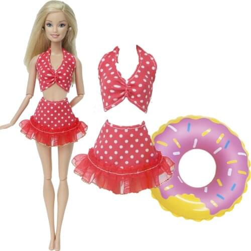 2 Pcs/Lot Doll Accessories = 1x Red Swimwear Bikini Wave Point Tops Dress Clothes + 1x Random Swim Ring for Barbie Doll Kids Toy
