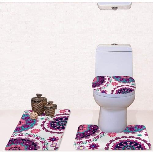 Bohemia Style Toilet 3-Piece Set Black Bathroom Mat Set Contour Rug Flannel Non Slip Bath Pedestal Toilet Seat