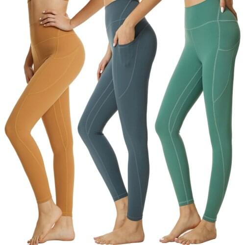 Latest Design 3 Colors Women High Waist Yoga Pants Leggings With Side Pockets Workout 4 Way Stretch Tummy Control