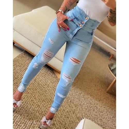 2021 New Streetwear Womens Clothing High Waist Button Ripped Tight Jeans Fashion Casual Bodycon Trousers Skinny Denim Long Pants