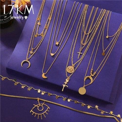 Fashion Multilayer Gold Necklaces For Women Vintage Crystal Eyes Moon Star Pendant Necklace Choker Fashion Cross Gift Party