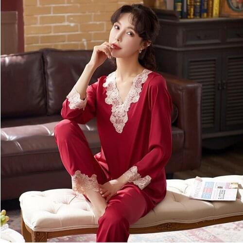 2PCS Pajamas Sleep Suit For Women Satin Pjs Set Casual Sleepwear Loungewear Lace Shirt&Pants Nightwear Lingerie Soft Home Wear