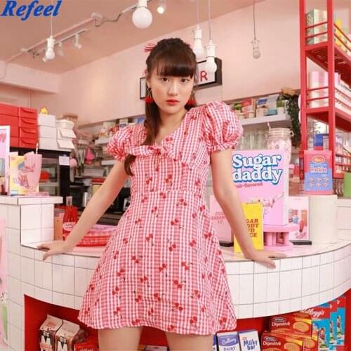Red Cherry Plaid Dress Women Bow Tie V Neck Short Sleeve A-line Mini Sweet Dress Female Summer Short Vestido