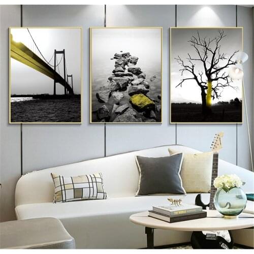 Scandinavian style Sea Beach Bridge Stone Home Nordic Poster Posters andPrints Black White Wall Art Yellow Picture Tree Painting