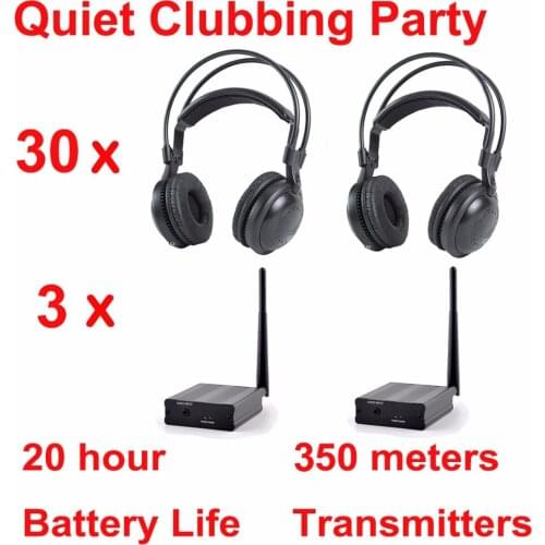 Professional Silent Disco compete system wireless headphones - Quiet Clubbing Party Bundle (30 Headphones + 3 Transmitters)