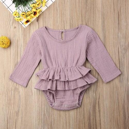 Pudcoco Newborn Baby Girl Clothes Solid Color Long Sleeve Ruffle Romper Jumpsuit One-Piece Outfit Cotton And Linen Clothes