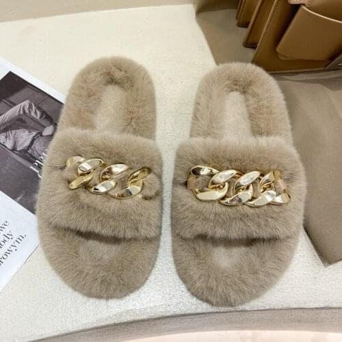 Outside Women Fashion Fur Slippers Fluffy Soft Furry Slides Thick Flats Heel House Shoes Ladies Luxury Chain Design Footwear