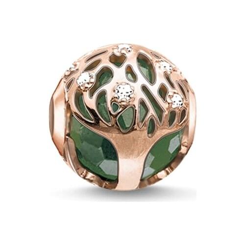 Rose Gold-color Rhinestone Green Tree of Life Karma Beads Fit Bracelet Necklace DIY Bead Accessories Jewelry Gift For Women Men