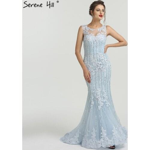 Light Blue O-Neck Luxury Evening Dresses Long Crystal Sequined Sexy Lace Evening Gowns 2020 Serene Hill LA6455