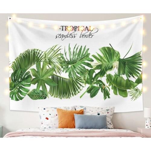 Green Leaves White Tapestry Vintage Exotic Summer Plant Nature Frame for Bedroom Photography Wall Decor
