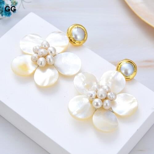 GuaiGuai Jewelry Natural Golden Plated Pearl White Mother Of Pearl Shell Flower Earrings