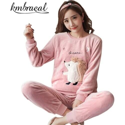 Womens Pajamas Autumn and Winter Pajama Set Women Long Sleeve Sleepwear Flannel Warm Lovely Top + Pants Homewear Female Pyjama