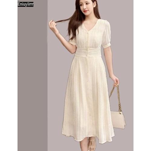 Women 2021 Summer Robe White Lace Hollow Out V Neck Single Breasted Button French Style Elegant Party Long Shirt Dress