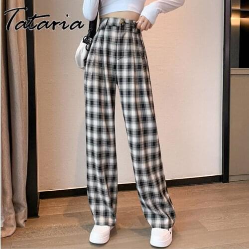 Floor-Length Plaid Pants for Women Casual Sweatpants High Waist Stacked Palazzo Pants Female Straight Wide Trousers Streetwear