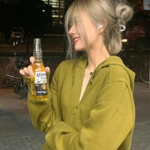 Women Solid Color Loose Round Neck Hooded Long-Sleeved Sweater Matcha Green Zipper Casual Mid-Length Sweater Cardigan