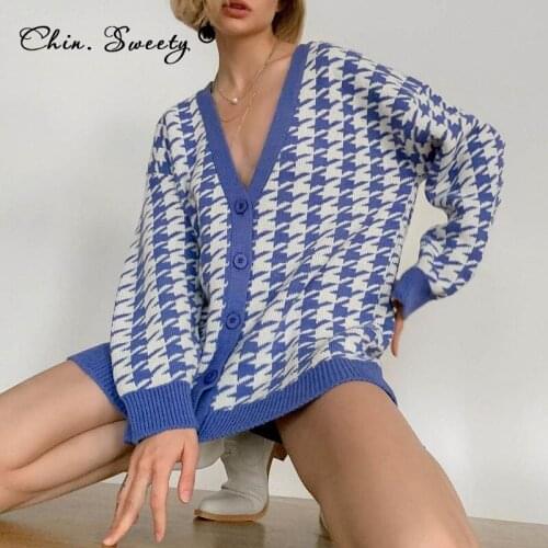 Houndstooth V-neck Knitted Cardigan Women 2021 Long Sleeve Female Sweater Coat Fashion Autumn Ladies Oversized Cardigans Jumper