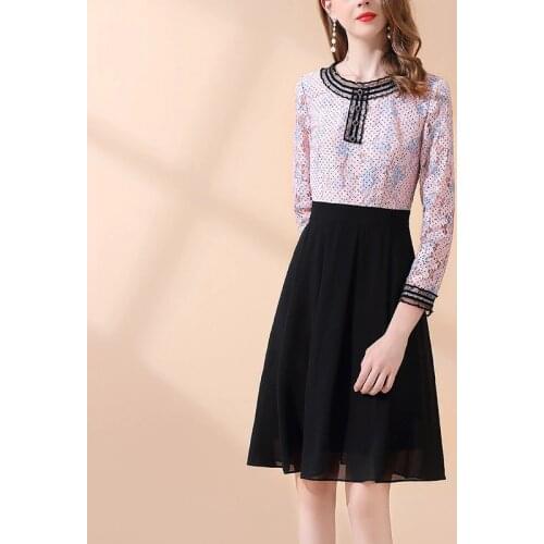 Autumn New Hollow Out Patchwork Print Dress Elegant Ladies Lace A-Line Spring Dresses Women Office Business Fashion