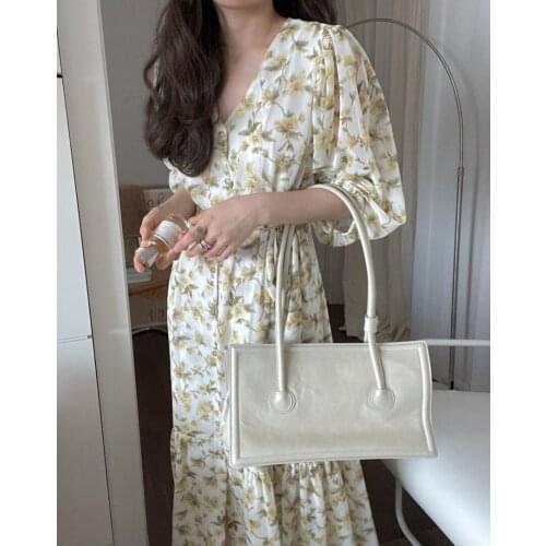 Korean Floral Chiffon Lace-Up Dress For Women One-Piece Spring Summer V-Neck Single-Breasted A-Line Vestidos Female Sweet Dress