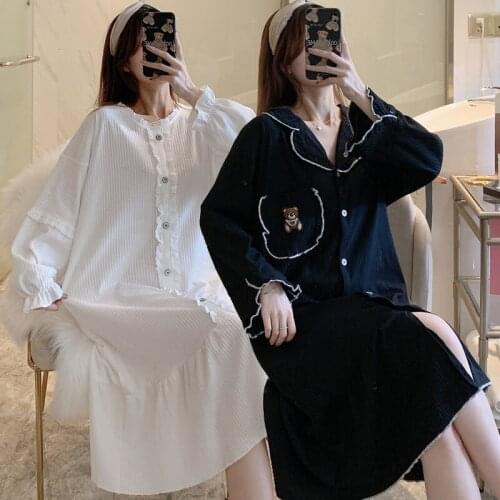 2021 Spring Autumn Long Sleeve Cotton Nightgowns for Women Korean Loose Sleepwear Femme Home Dress Night Gown Nightdress Nighty