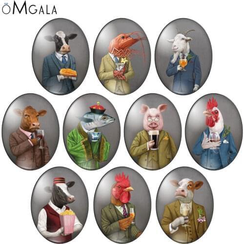 Cute Cow Fish Sheep Pig Amimals with Suit 10pcs 13x18mm/18x25mm/30x40mm Oval photo glass cabochon demo flat back Making findings