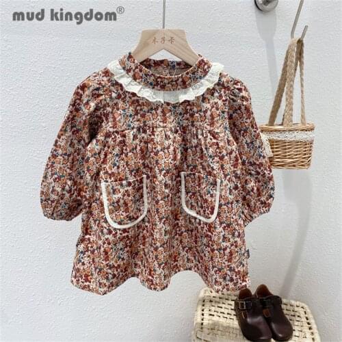 Mudkingdom Kids Dress Lace Floral Ball Gown Long Puff Sleeve Princess Dresses for Little Girl Pocket Autumn Children Clothing