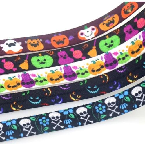 DHK 5/8'' 10yards Halloween Skull Printed Fold Elastic FOE Stretch Ribbon Hairbow Headwear Headband DIY OEM B2079