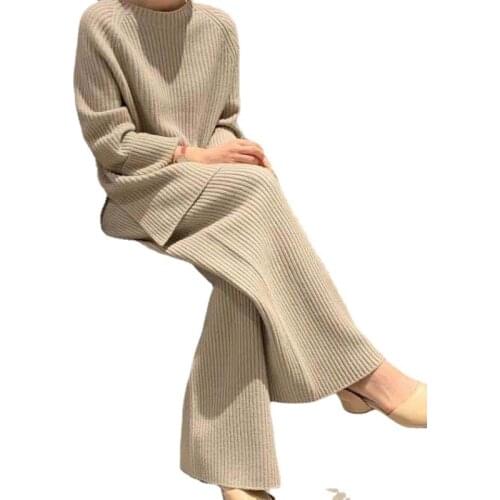European and American Two Pieces Set Women Loose Knitted Sweater Tops and Long Knitted Pants Homewear Suits Female NS2711