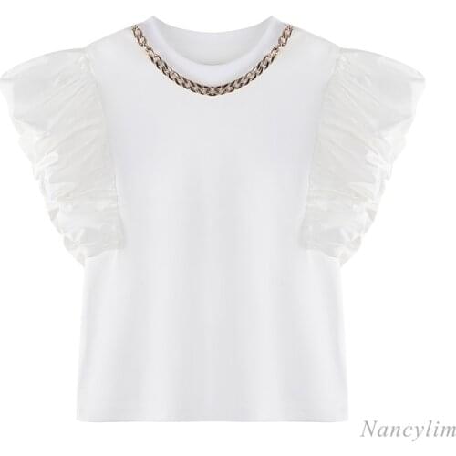 Chain Round Neck Flying Sleeves Loose-Fitting Pure Cotton T-shirt Womens 2021 Summer Clothing New Casual All-Match Tops
