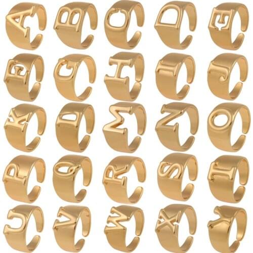 New Adjustable A-Z 26 Initial Letter Name Open Ring Fashion Simple Gold Color Hollow Finger Rings Unisex Boho Party Jewelry Gift