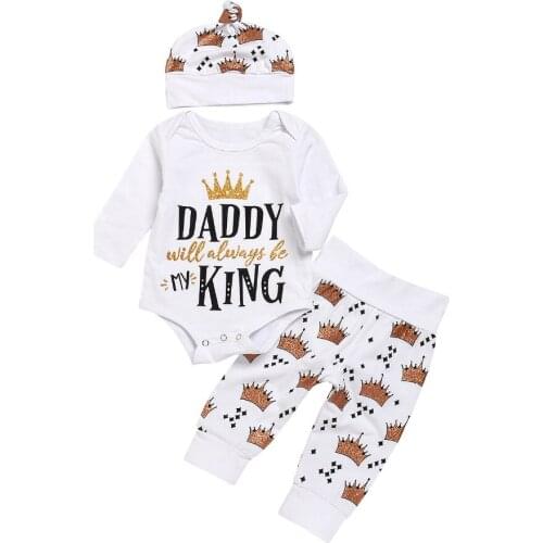 3 Pieces Baby Clothing Set Daddy King Letter bodysuit+ Crown Pants +Hatt Newborn Baby Boy Girl Clothing