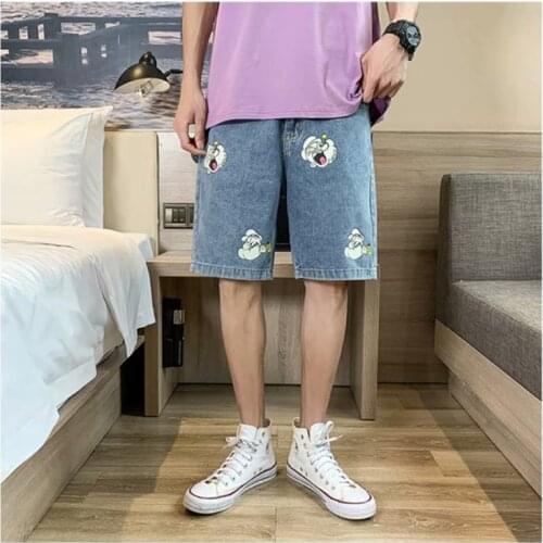 Summer Womens Thin Denim Shorts Trend Personality Printing College Style Loose Wild Large Size Mens Fashion Five-Point Pants