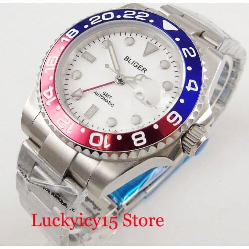 BLIGER High Quality Business Mental 40mm Mens Watch Automatic Movement GMT Function White Dial Alloy Bezel Sapphire Glass