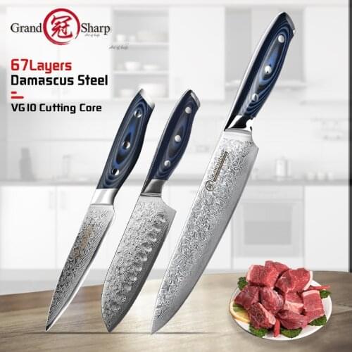 Grandsharp 3 Pcs Damascus Knife Set 67 Layers vg10 Japanese Damascus Steel Chef Santoku Utility Damascus Kitchen Knives Gift Box