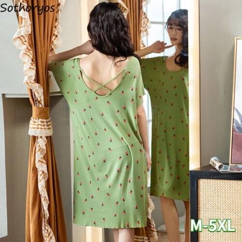 Nightgowns Women Summer Modal Soft Plus Size 5XL Loose Backless Criss-cross Sleepshirts Female Leisure Sweet Print Chic Homewear