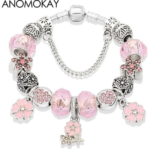 Dropshipping New Romantic Pink Heart Flower Charm Bracelet Bangle Plant Bead Bracelet Pink Enamel Bracelet for Women Girl