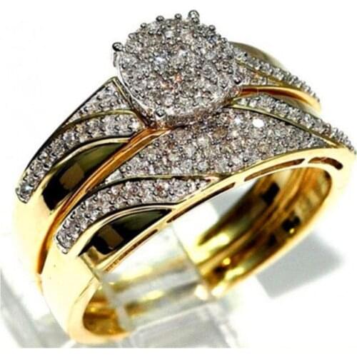 Luxury Female Crystal Stone Ring Set Yellow Gold Stacking Rings For Women Promise Love Wedding Band Engagement Ring