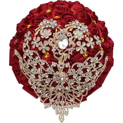 Luxury Rhinestone Bride Bridesmaid Bouquet Exquisite Rhinestone Ribbon Rose Bud Handmade Creative Wedding Bouquet W630D