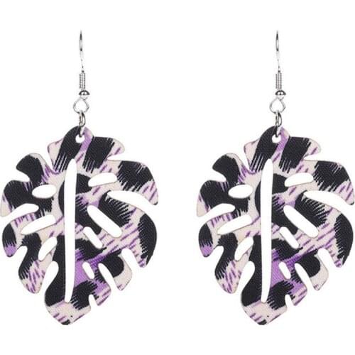 Leopard Fabrics Wrapping Natural Wooden Monstera Leaf Drop Earrings for Women Fashion Plant Leaves Earrings Jewelry Wholesale