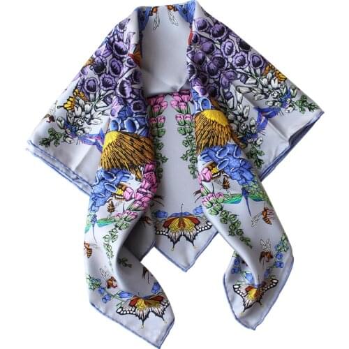 Silk Square Scarf Women Wraps Shawl Luxury Brand Violet Flower Neckerchief Neck Bandana Accessories Handkerchief 90cm Twill Silk