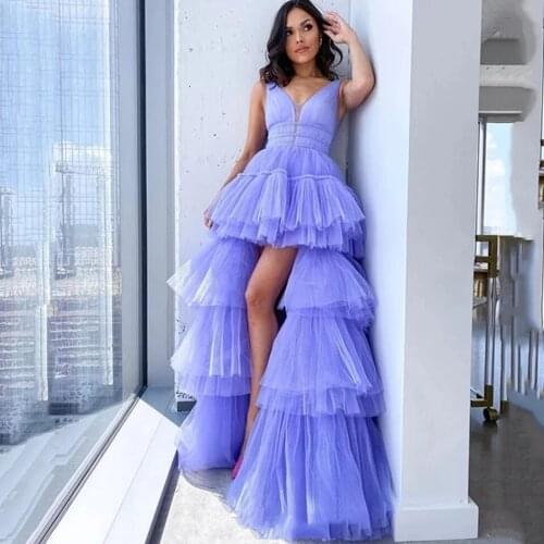 Light Purpl Prom Dress 2021 Short Front Long Back Women Formal Party Night Vestidos De Noite Elegant Tiered Tulle Evening Gowns