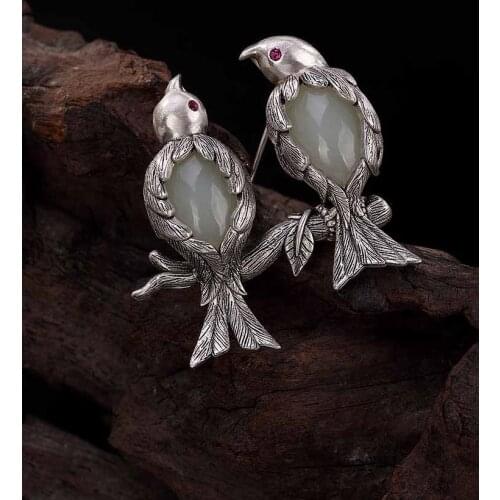 S925 sterling silver vintage inlay natural white stone magpie brooch female high quality woman brooch pendant