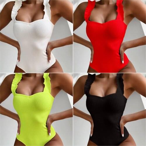 2021 New Sexy Female Swimsuit Vintage One Piece Ruffled Push Up Solid White Red Swimwear Women Monokini Padded Bathing Suits
