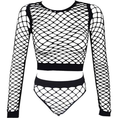 High Quality Sexy Lingerie Set See through Hollow out Mesh Fishnet Long Sleeve Top with Brief Knickers Set Erotic Beach Costume