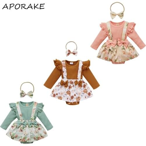 2021 0-24M Autumn Infant Girl Clothing Set Solid Color Knit Splicing Long Sleeve Romper Dress+Headband Cute 2pcs
